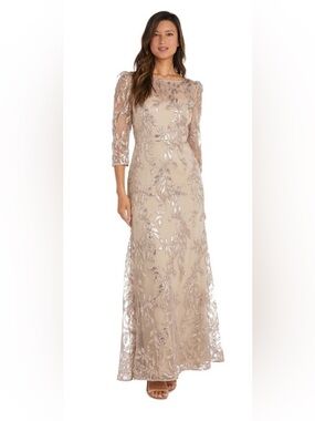 R&M Richards Champagne Sequin Embroidered Evening Gown Size 8 NWT Formal Dress